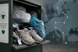 Sneakers usate in un cassonetto per donazioni con un piccolo dispositivo di tracciamento e una mappa dell’Europa sullo sfondo