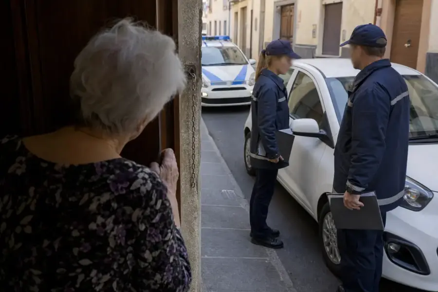 Anziana guarda da una porta socchiusa due persone in divisa vicino a un’auto bianca, con pattuglia sullo sfondo