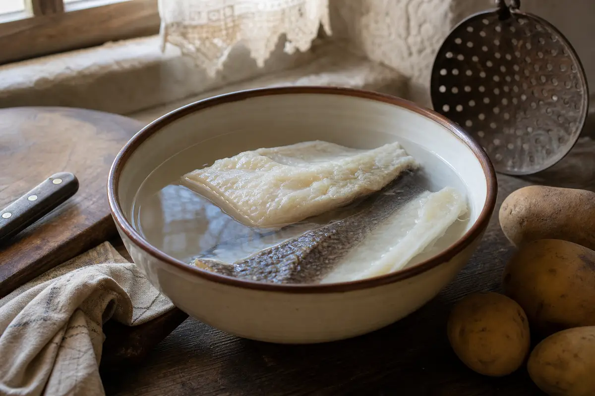 Baccalà in ammollo in una ciotola di ceramica su tavolo rustico, con patate e utensili da cucina