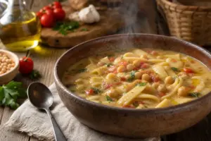 Ciotola rustica di lagane e ceci fumanti con pomodoro e prezzemolo su tavolo di legno