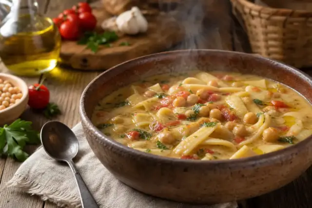 Ciotola rustica di lagane e ceci fumanti con pomodoro e prezzemolo su tavolo di legno