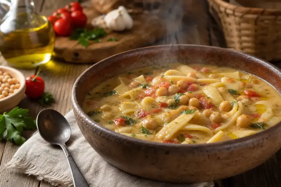 Ciotola rustica di lagane e ceci fumanti con pomodoro e prezzemolo su tavolo di legno