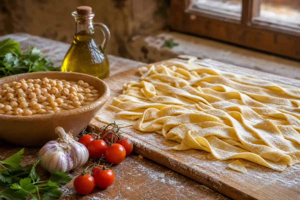 Lagane fresche su tagliere infarinato con ciotola di ceci, pomodorini, aglio, prezzemolo e olio