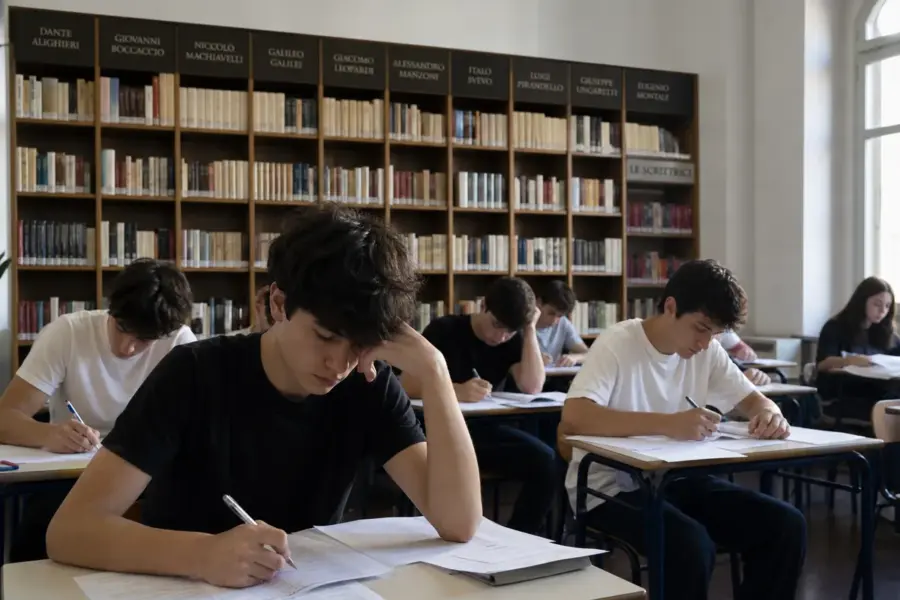 Studenti in aula durante una prova scritta, con banchi e fogli d’esame davanti e grande libreria sullo sfondo