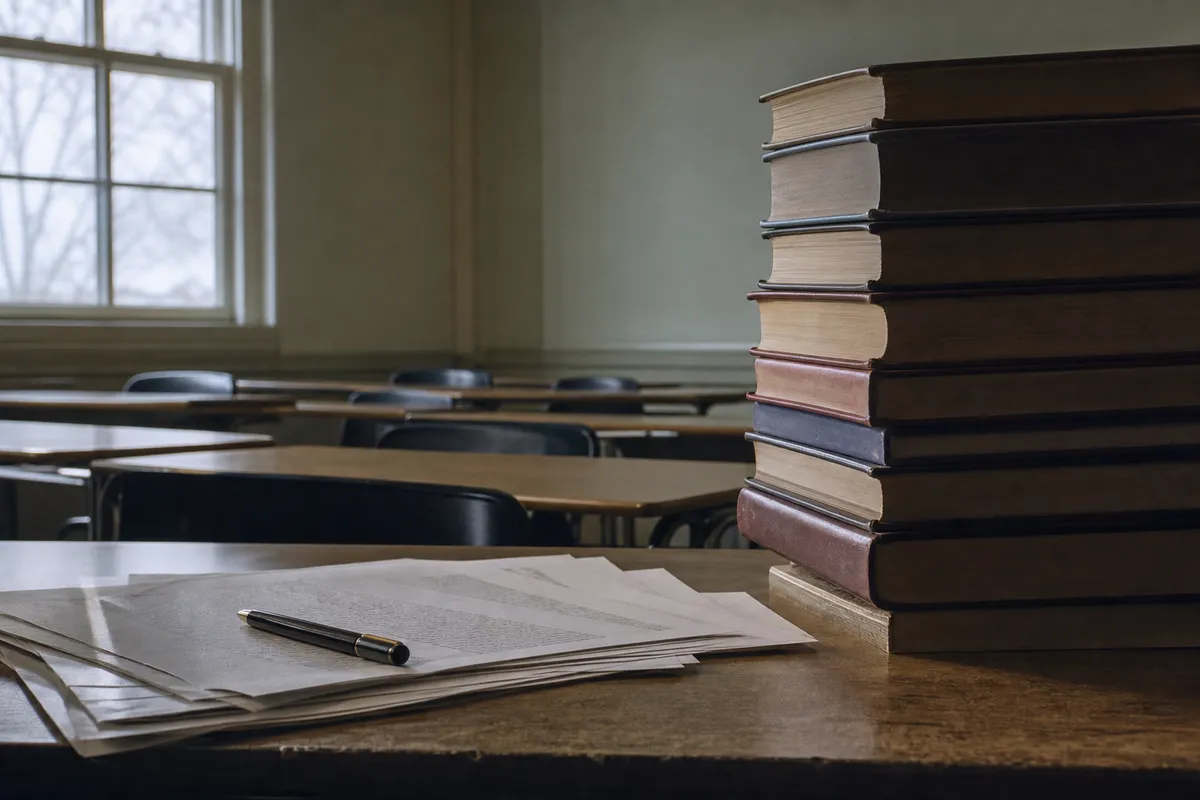 Banco d’esame vuoto con fogli e penna, accanto a una pila di libri in un’aula illuminata dalla finestra