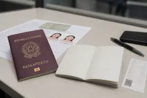 Passaporto italiano su scrivania con modulo di richiesta, foto tessera, penna, smartphone e ricevuta