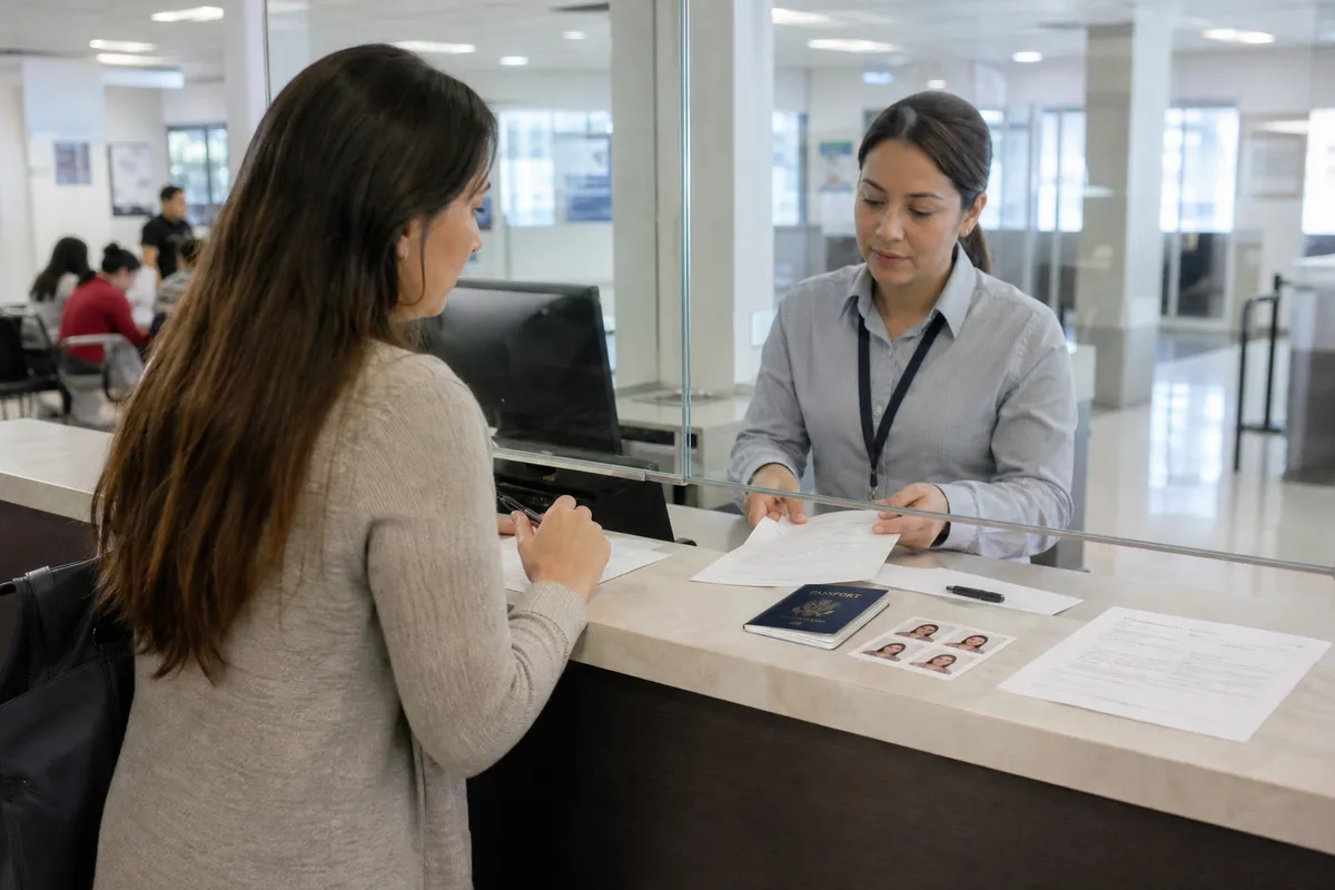 Cliente allo sportello con impiegata dietro il vetro; sul banco modulo, foto tessera e passaporto