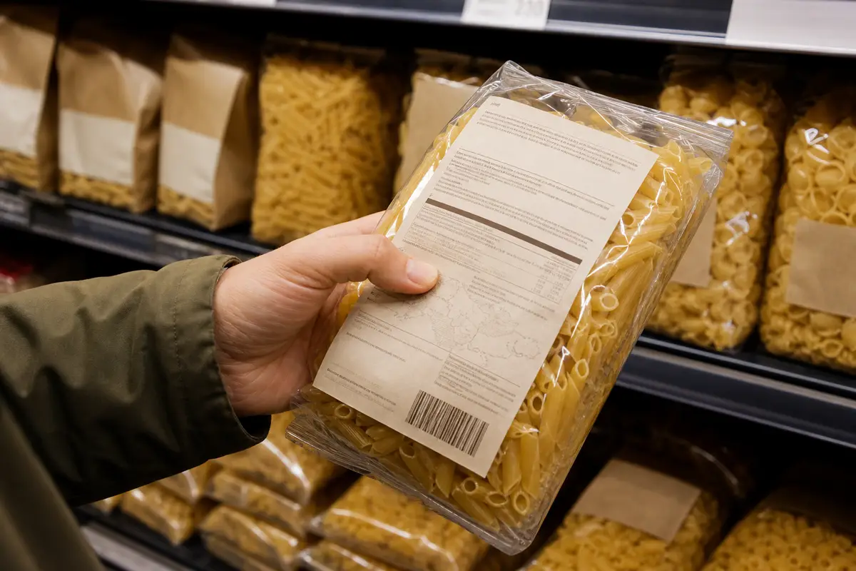 Mano che gira una confezione di pasta per leggere l’etichetta sul retro davanti allo scaffale del supermercato