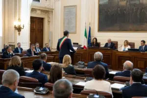 Seduta in aula consiliare con un uomo con fascia tricolore al leggio e consiglieri ai banchi