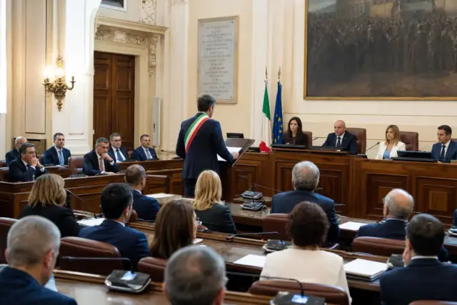 Seduta in aula consiliare con un uomo con fascia tricolore al leggio e consiglieri ai banchi