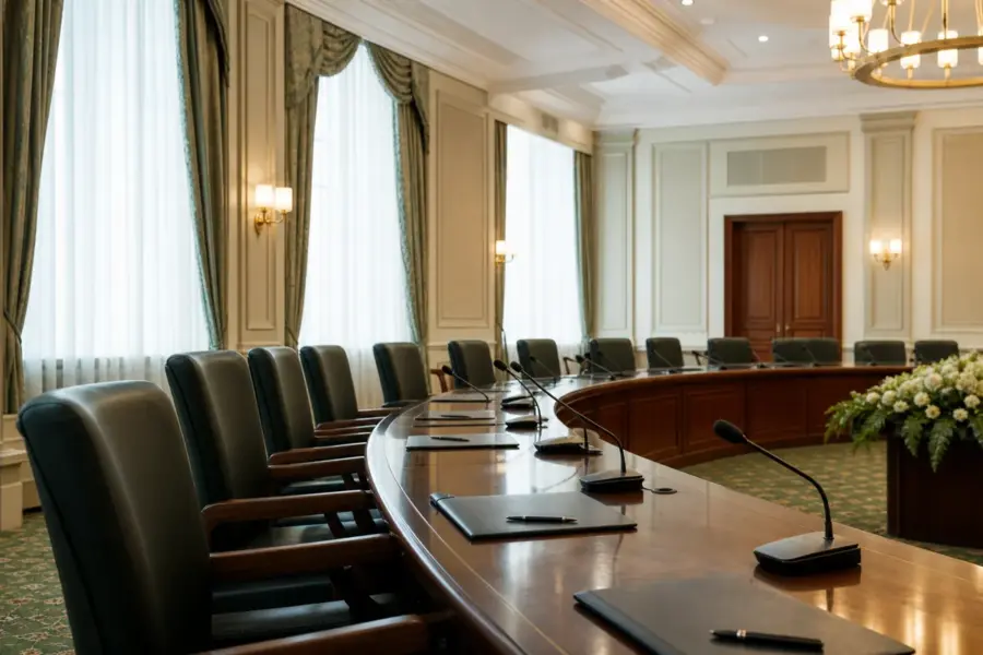 Sala riunioni istituzionale con tavolo curvo, microfoni, cartelline e sedie vuote vicino a grandi finestre