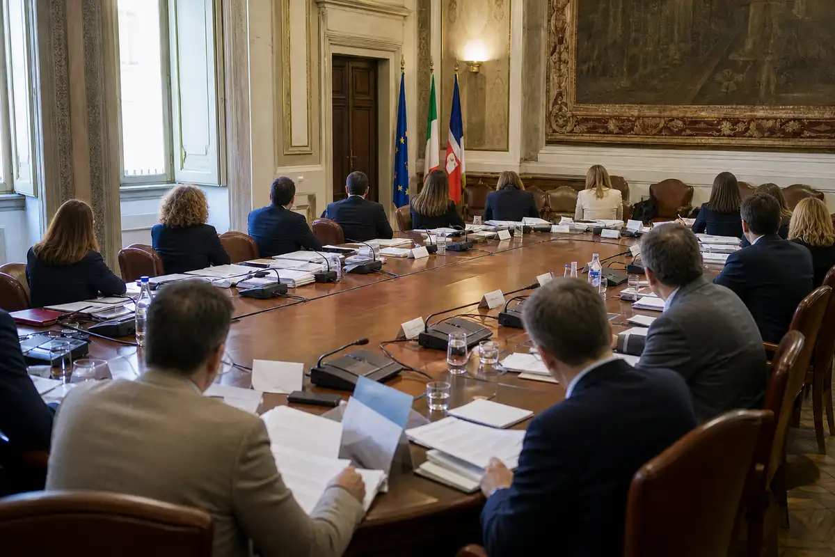 Riunione istituzionale attorno a un lungo tavolo in una sala storica con bandiere e documenti