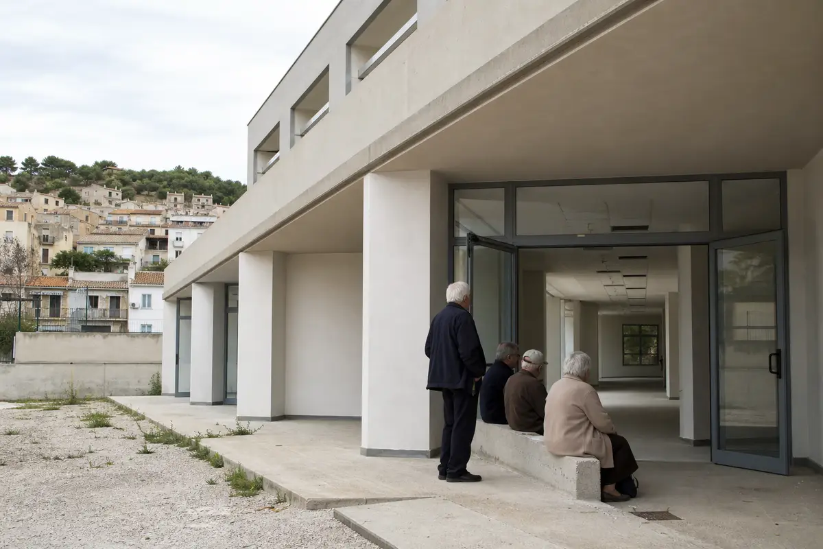 Anziani in attesa all’ingresso di un edificio sanitario moderno con corridoi vuoti visibili attraverso le porte a vetri