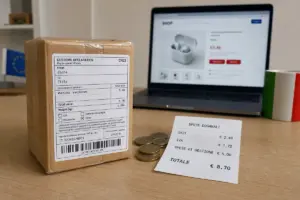 Pacco con etichetta doganale CN22 dalla Cina all’Italia, monete e ricevuta di spese doganali davanti a un laptop