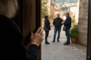 Mano anziana che apre una porta socchiusa, con tre visitatori sfocati nel cortile di un edificio in pietra