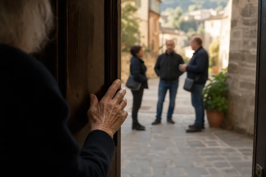 Mano anziana che apre una porta socchiusa, con tre visitatori sfocati nel cortile di un edificio in pietra
