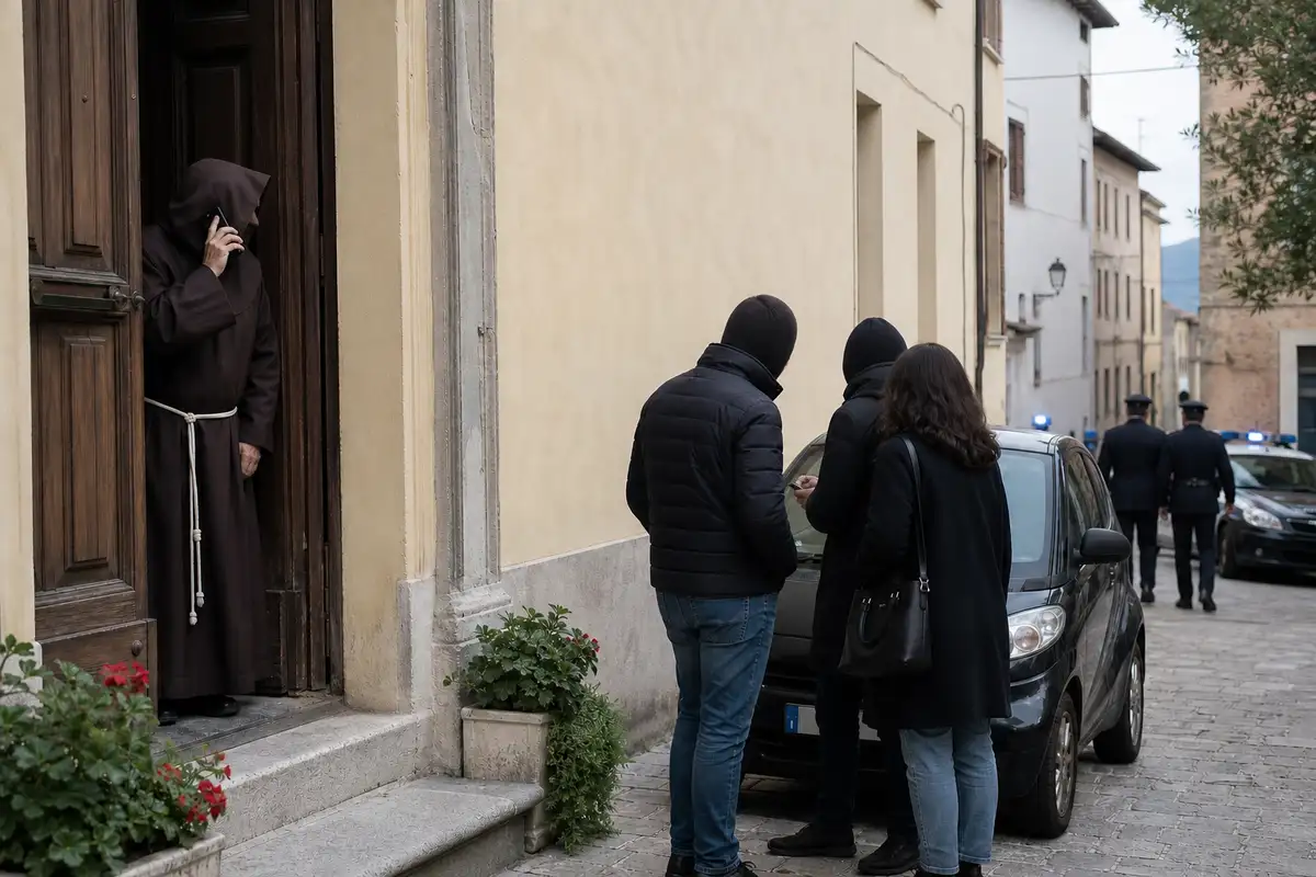 Frate al portone mentre telefona; tre persone incappucciate vicino a un’auto e pattuglie sullo sfondo