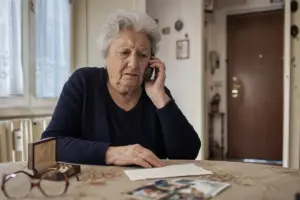 Anziana al tavolo con telefono all’orecchio e portagioie aperto, preoccupata in casa
