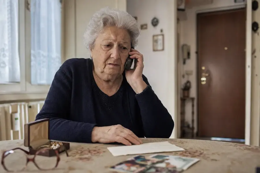 Anziana al tavolo con telefono all’orecchio e portagioie aperto, preoccupata in casa