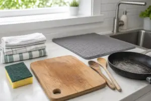 Spugna, strofinacci, tagliere graffiato, cucchiai di legno e padella usurata su piano cucina vicino al lavello