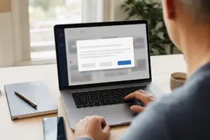 Persona al computer con finestra di consenso ai cookie sullo schermo del laptop, su una scrivania con smartphone e tazza di