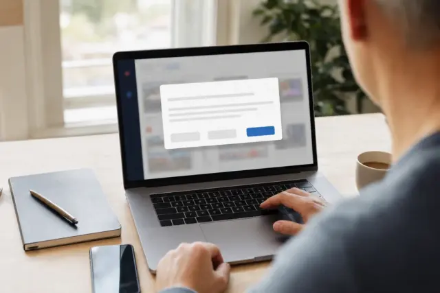 Persona al computer con finestra di consenso ai cookie sullo schermo del laptop, su una scrivania con smartphone e tazza di