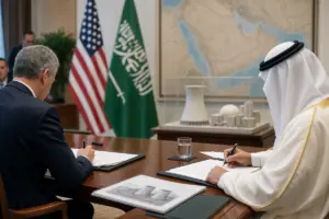 Diplomatici Usa e saudita firmano documenti su un tavolo, con bandiere dei due Paesi e modellino di centrale