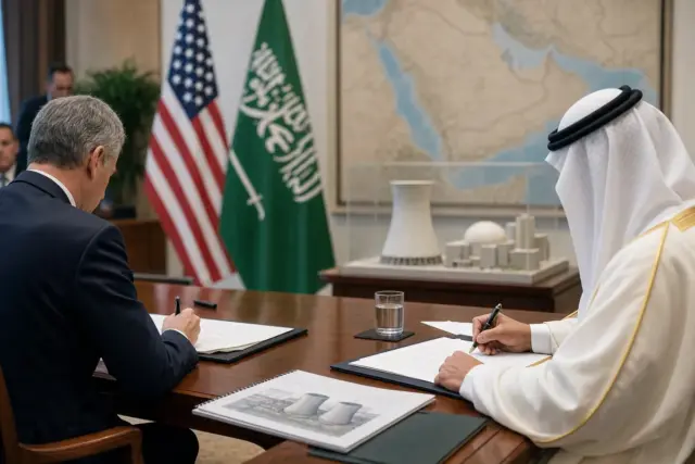Diplomatici Usa e saudita firmano documenti su un tavolo, con bandiere dei due Paesi e modellino di centrale