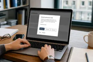 Mani su un laptop con finestra di consenso cookie in italiano e pulsanti Accetta tutto, Rifiuta tutto e Altre opzioni