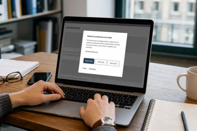 Mani su un laptop con finestra di consenso cookie in italiano e pulsanti Accetta tutto, Rifiuta tutto e Altre opzioni