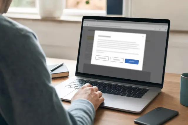 Persona al computer con finestra di consenso cookie sfocata sullo schermo del portatile, su una scrivania con smartphone e