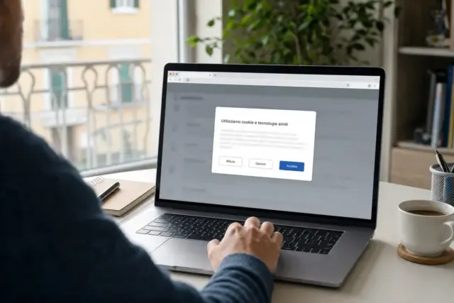 Mano su un portatile con finestra di consenso cookie in italiano e pulsanti Rifiuta, Opzioni e Accetta