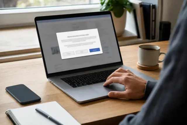 Mano sul trackpad davanti a un portatile con pop-up di consenso ai cookie sullo schermo