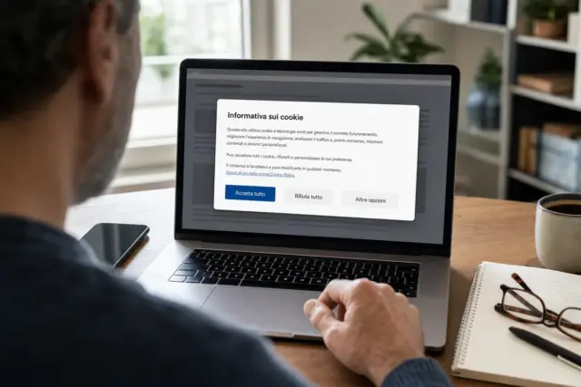 Persona al computer con finestra di consenso cookie sul laptop con pulsanti Accetta tutto, Rifiuta tutto e Altre opzioni