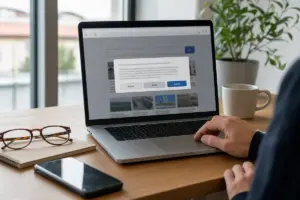 Mano sul trackpad di un laptop con pop-up di consenso cookie e pulsanti Opzioni, Rifiuta e Accetta