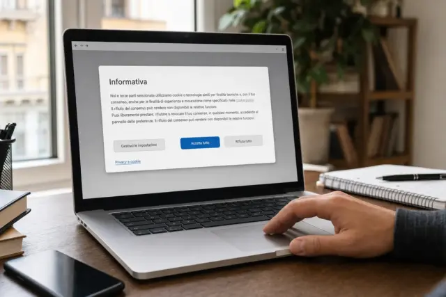 Laptop su una scrivania con finestra di consenso cookie in italiano e pulsanti Accetta tutto e Rifiuta tutto