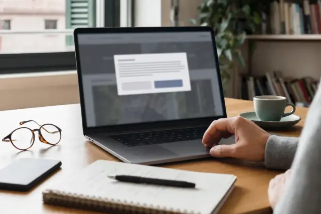 Mano sul touchpad davanti a un laptop con finestra di consenso ai cookie sfocata su una scrivania con tazza e occhiali