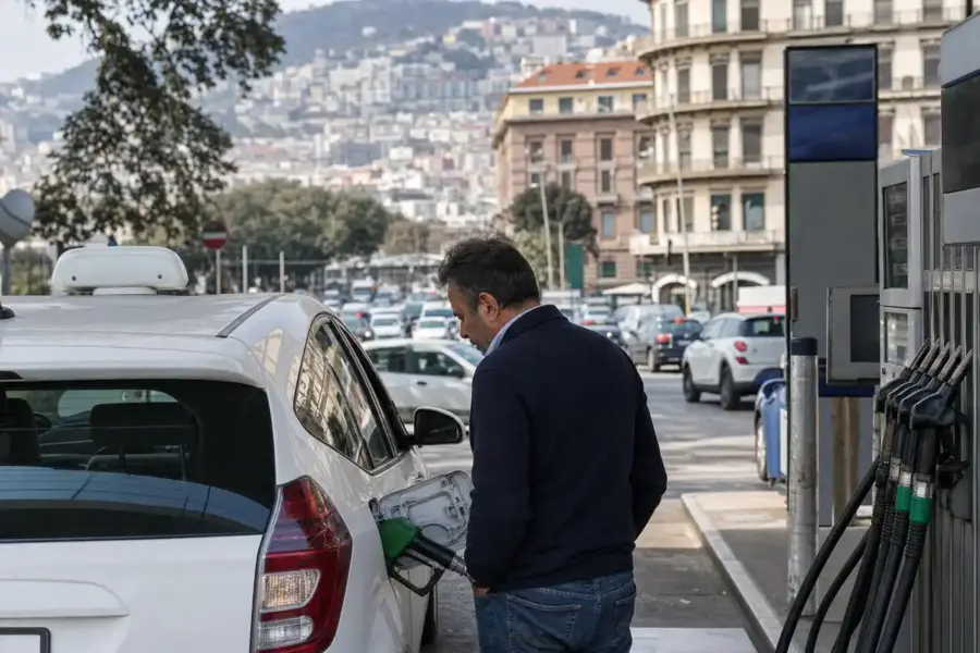 Tassista fa rifornimento a un taxi bianco in una stazione di servizio, con traffico cittadino sullo sfondo