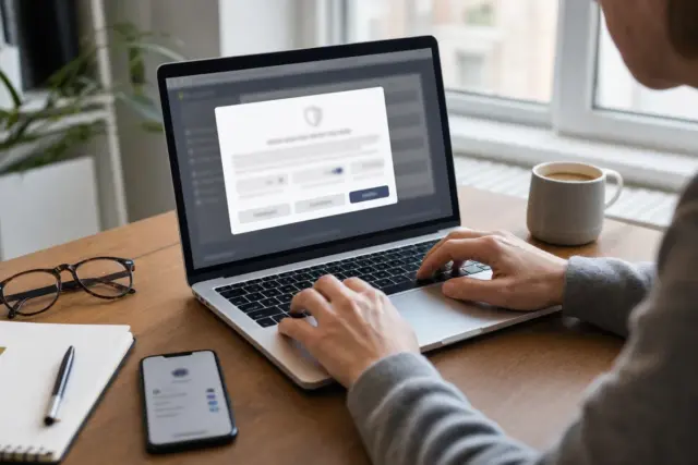 Mani su un laptop con pop-up di consenso cookie sfocato, smartphone e tazza di caffè su una scrivania