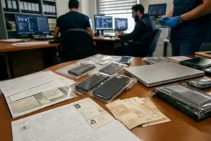 Smartphone in buste sigillate, laptop e banconote in euro su un tavolo in ufficio investigativo con agenti sullo sfondo