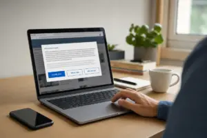 Mano sul trackpad davanti a un laptop con finestra di consenso ai cookie e pulsanti Accetta tutto, Rifiuta tutto e Altre