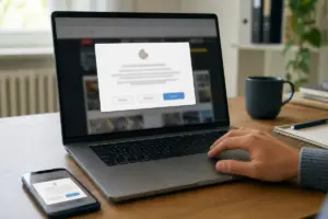 Laptop con finestra di consenso cookie sfocata, mano sul trackpad e smartphone sul tavolo in un ufficio domestico