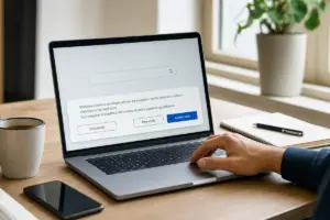 Laptop con schermata di consenso ai cookie in italiano e mano sul trackpad, su scrivania con tazza e smartphone