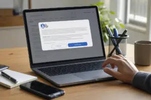 Mano sul trackpad davanti a un laptop con popup di consenso cookie e pulsanti “Rifiuta tutti” e “Accetta tutti
