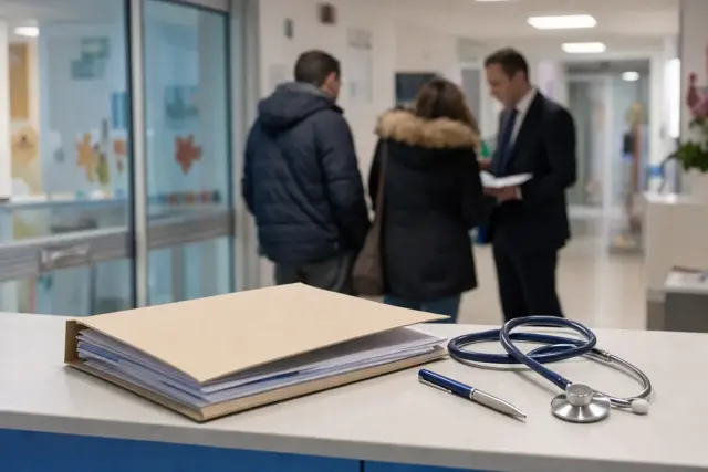 Cartella clinica su un banco d’ospedale con stetoscopio e penna, sullo sfondo persone sfocate in corridoio