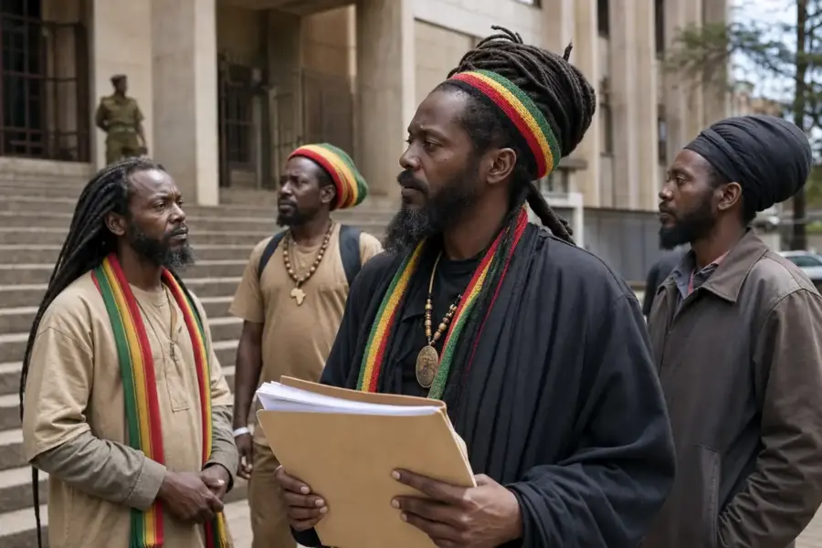 Gruppo di uomini rastafariani fuori da un tribunale, uno con un fascicolo di documenti in mano