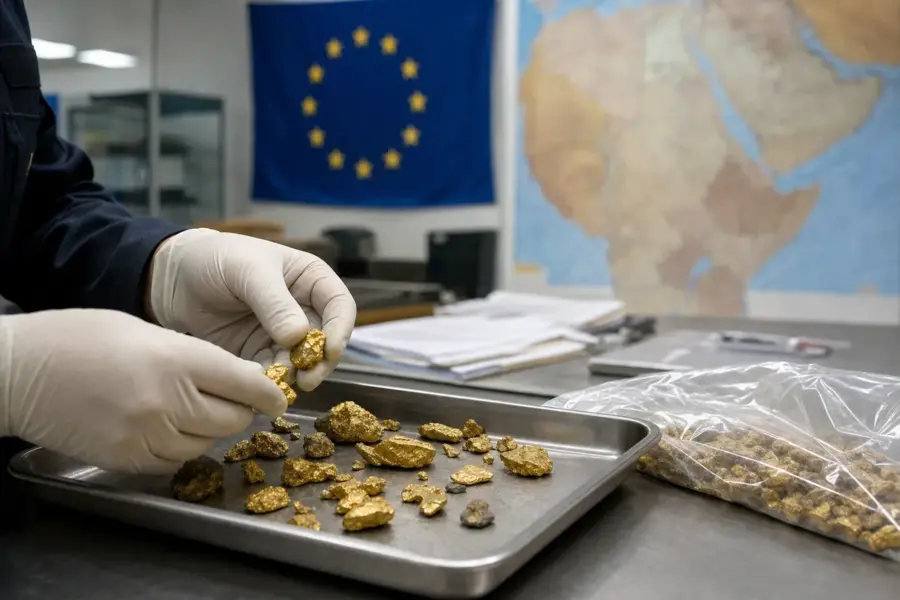 Mani con guanti che ispezionano pepite d’oro su un vassoio metallico, con bandiera Ue e mappa sullo sfondo
