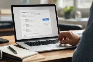 Mano sul trackpad davanti a laptop con schermata di preferenze privacy e scelte cookie
