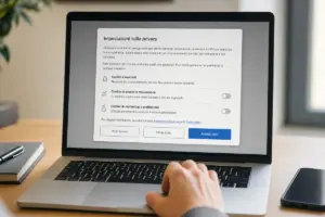 Laptop su una scrivania con finestra di consenso cookie e pulsanti “Accetta tutto” e “Rifiuta tutto