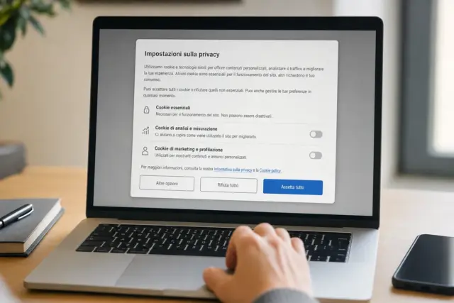 Laptop su una scrivania con finestra di consenso cookie e pulsanti “Accetta tutto” e “Rifiuta tutto